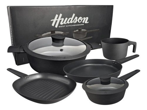 Set 5 Pz Olla Cacerola Sarten Jarro Bifera Hudson Teflon Bz3