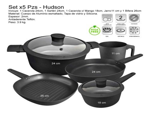 Set 5 Pz Olla Cacerola Sarten Jarro Bifera Hudson Teflon Bz3