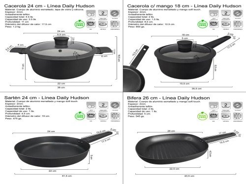 Set 5 Pz Olla Cacerola Sarten Jarro Bifera Hudson Teflon Bz3