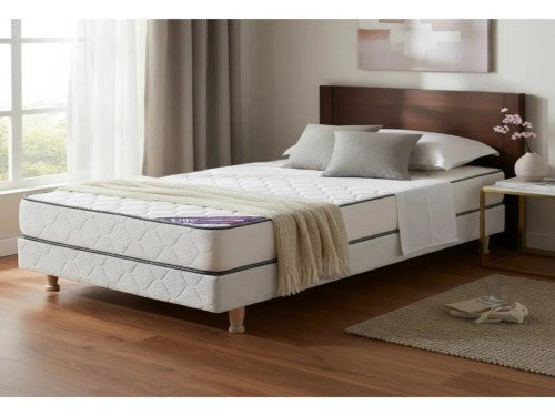 Sommier Colchon 1 1/2 Plaza Y Media Espuma Alta Densidad Color Beige