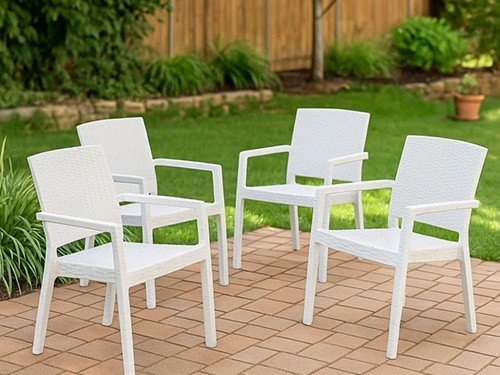 Juego de 4 Sillon De Plastico Blanco Con Apoyabrazos Simil Rattan