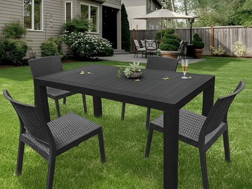 Juego Mesa De Jardin Plastico Rattan 140x80cm + 6 Sillas Negras