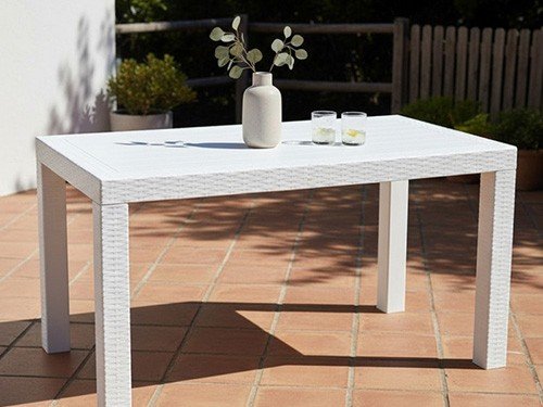 Mesa Plastica Rectangular Blanca Simil Rattan 140x80x76cm