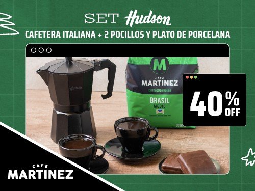 Set Hudson Cafetera Italiana Total Black x 6 Pocillos + 2 tazas